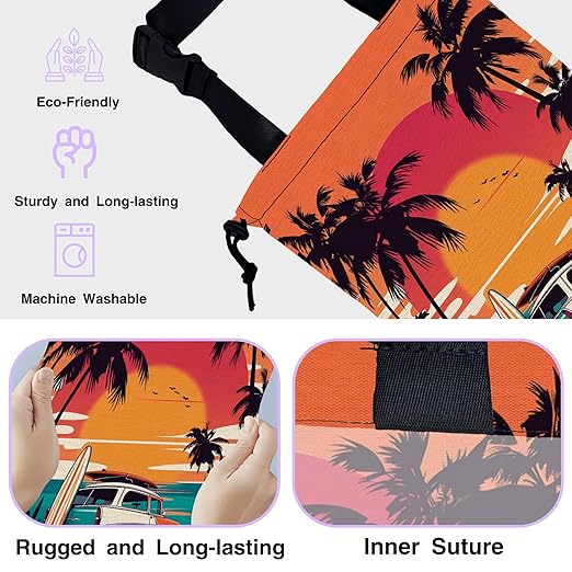 UUCBTAH Car Trash Bag Hanging Seaside Palm Trees Sunset Car Car Trash Can for Back Seat Waterproof Car Garbage Can with Adjustable Straps and Drawstring for Car Accessories Vehicle Travelling Camping