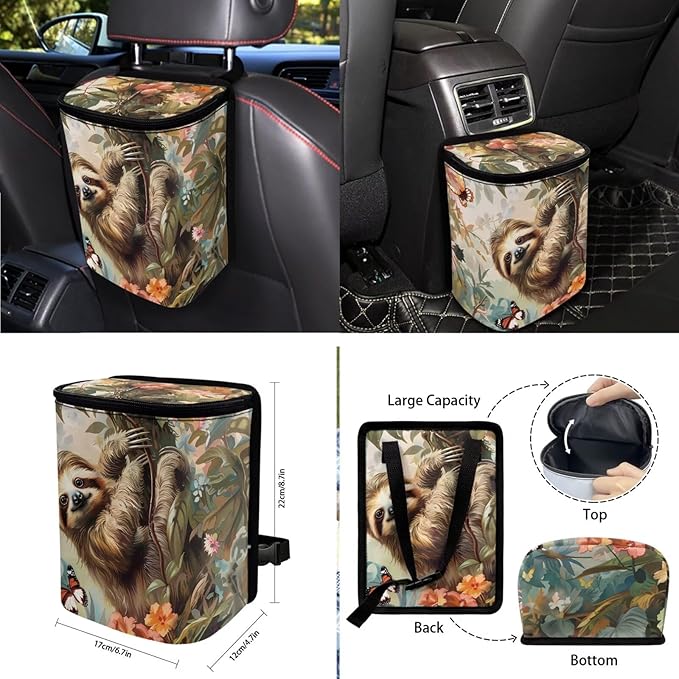 Sloth Butterfly Flower Printed Car Accessories Sets, Universal Front and Rear Split Bench Seat Covers for Cars with Matching Steering Wheel Cover Trash Can Air Vent Storage Bag Coaster