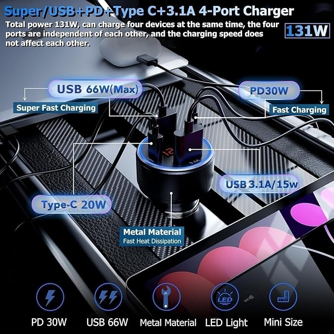 131W Car Charger Super Fast Charging Cigarette Lighter USB Phone Accessories Charger Voltmeter Adapter with QC USB c Type c PD Universal Quick Charge Multi 4 Port for 12-24v Car Cigarette Lighter Plug