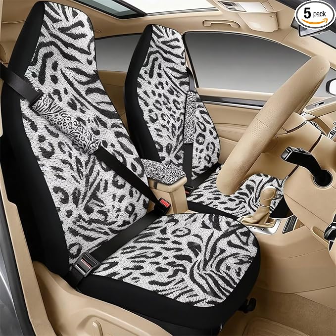 Psesaysky Leopard Zebra Stripe Leather Car Seat Covers for Automotive Front Seats 2PCS + Armrest Cover + Seat Belt Covers 2PCS, Full Set 5PCS Universal Fit for Most Cars Trucks
