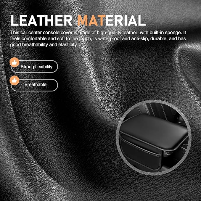 Car Center Console Cover, Car Leather Armrest Pad with 2 Storage Pockets, Center Console Anti-Scratch Booster Cushion, Universal Console Protector for Most Cars, SUVs and Trucks (Black)