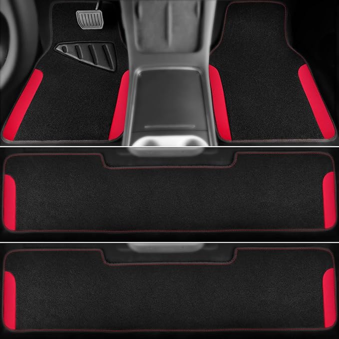 CAR PASS Waterproof Universal Faux Leather 3Row Car Floor Mats, Red Car Mats Fit for SUV,Vans,sedans, Trucks,Set of Vehicles Car Carpet with Driver Heel Pad and Anti-Slip Nibs Backing (Red 3Row)