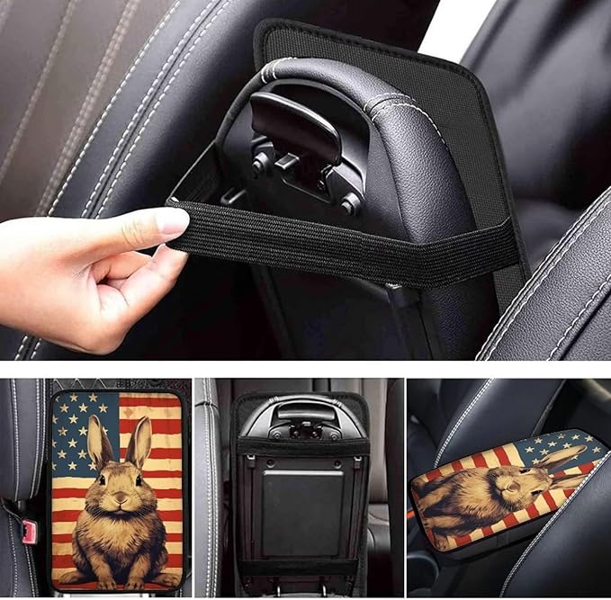 Car Center Console Pad, Universal Waterproof Car Armrest Seat Box Cover, Car Interior Accessories for Most Vehicle SUV Truck Vintage American Flag Rabbit Car Armrest Pad