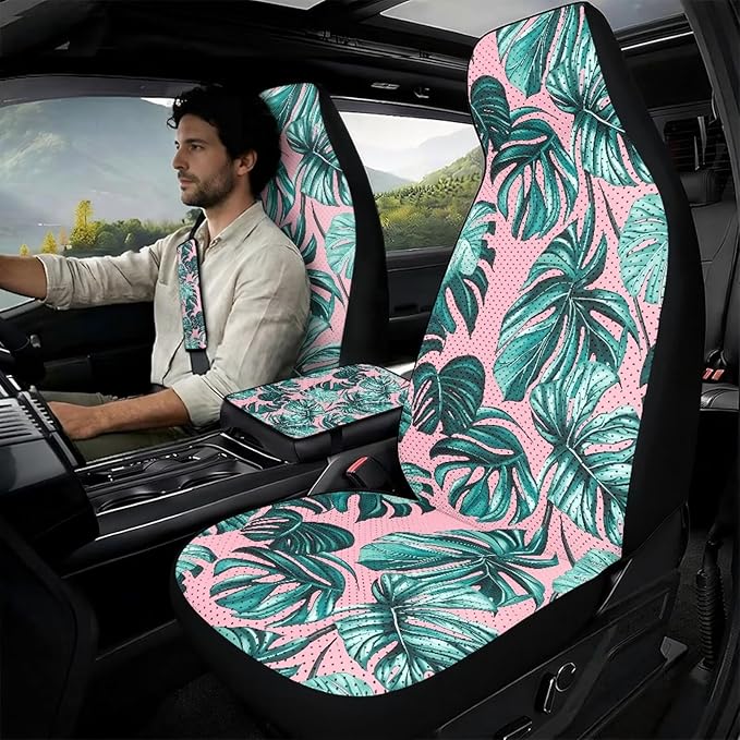 Qeluxign Monstera Leaf Car Seat Cover Set with Armrest Cover Cushion PU Automotive Car Cover and Seat Belt Shoulder Straps Pad, Universal Fit for Truck Sedan SUV, Pack of 5
