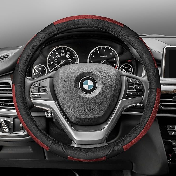 FH Group Universal Fit Deluxe Full Grain Authentic Leather Red Steering Wheel Cover Fits Most Cars, SUVs
