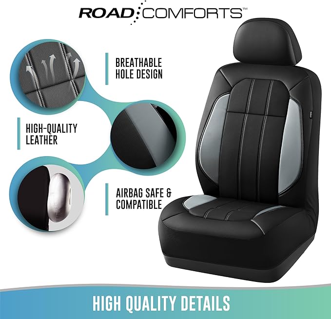 Road Comforts Car Seat Covers, Breathable Leather Seat Covers, Car Seat Covers Front Seats Airbag Compatible, Automotive Seat Covers for Most Cars, Vans, Trucks, SUV- Gray
