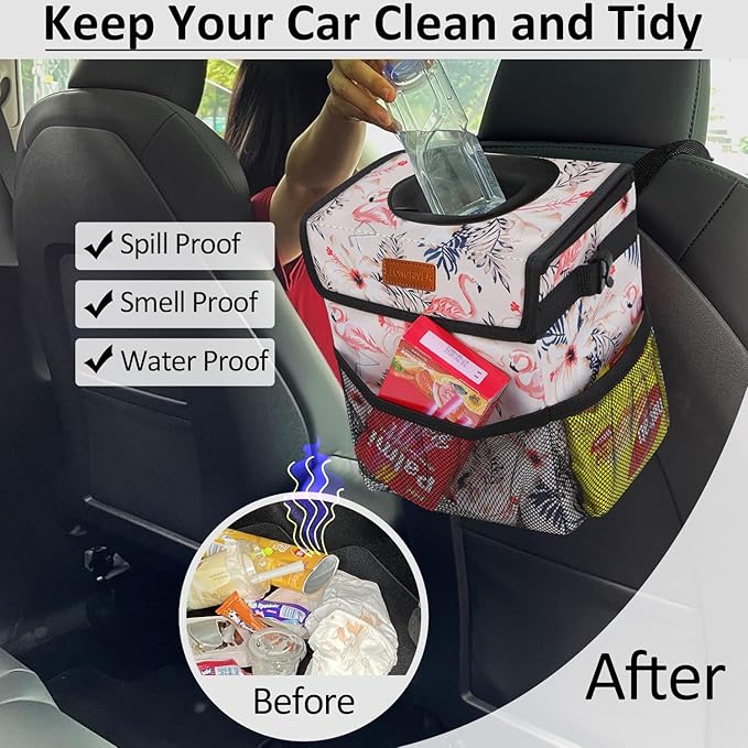 ELONGRIVER Car Trash Can Bin for Back Seat Leak Proof, Cute Car Trash Bag Hanging, Vehicle Trash Can for SUV Truck Van, Automotive Garbage Cans Front Seat Flamingos, 2 Gallons