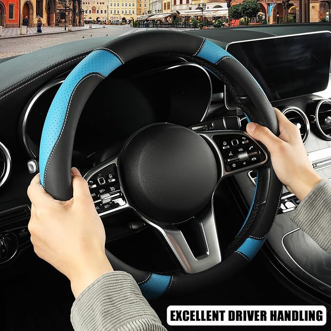 Binsheo Microfiber Leather D Shaped Steering Wheel Cover, Breathable, Anti Slip, 13.5 inch to 14 inch, Black with Blue
