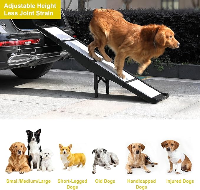 BAQTALE Foldable Dog Ramp for Cars 8 Adjustable Heights with Support Leg, Non-Slip Surface, Portable Pet Ramp for Small, Medium & Large Dogs up to 220lb, Carry-on Size Outdoor Ramp