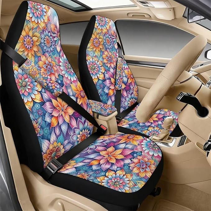 Qeluxign Hippie Flower Car Seat Covers Full Set Universal Fit Auto Front Seat Covers and Seatbelt Pads Armrest Cushion Gifts for Women Protect Your Car Interior