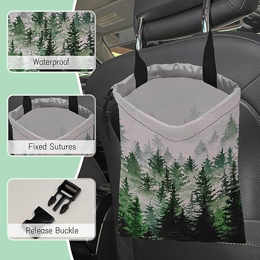NHNXHWIA Misty Forest Car Trash Bag,Foggy Forest Mountains Hanging Drawstring Car Garbage Bag,Waterproof Canvas Car Back Seat Organizer with Adjustable Buckle,for Vehicles,SUVs,Camping,Road Trips