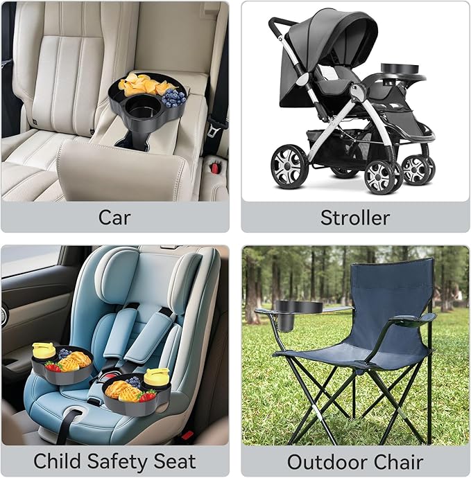 2PCS Car Seat Snack Tray for Kids: Kids Car Tray with Cup Holder, Toddlers Road Trip Essential, Travel Snacks Food Plate Cup Holder (2pcs Black)