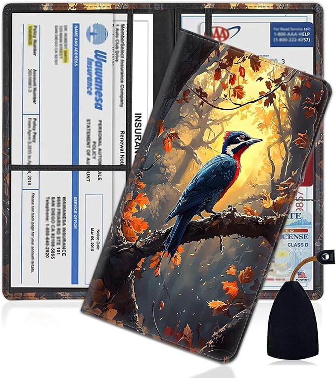 Car Document Holder with Magnetic Shut, Car Registration and Insurance Card Holder, Vehicle Glove Box Organizer Documents, Driver License, Auto Paperwork Organizer Wallet, Woodpecker In The Sun