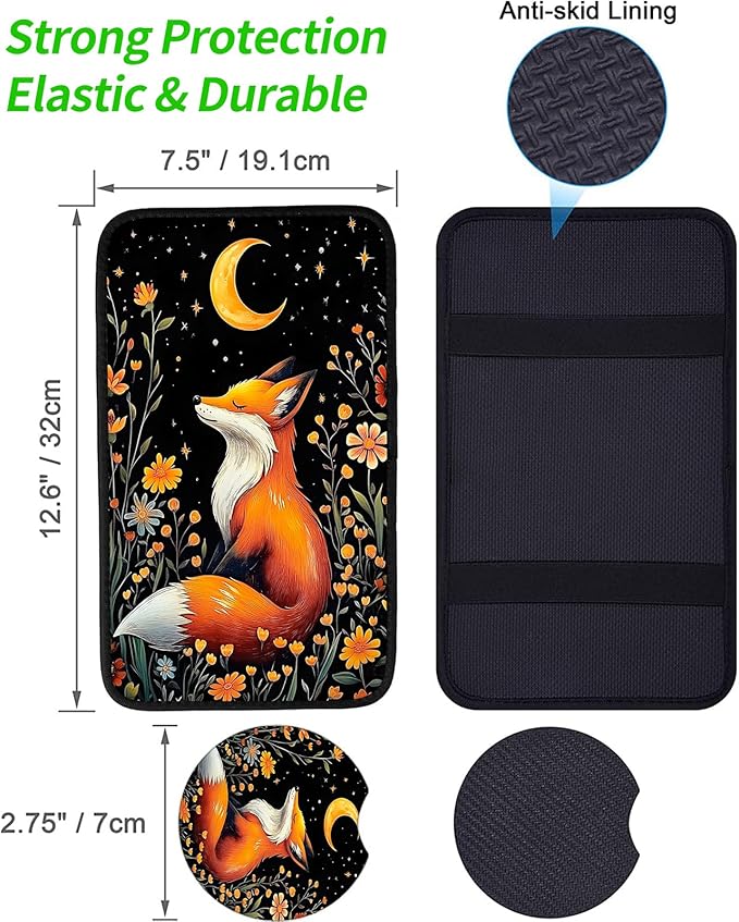 JANENFNA Car Armrest Cover Pads Universal Fashion Cute Auto Center Console Armrest Cover Pad with 2PCS Car Coasters Soft Waterproof Car Armrest Seat Protector for Women,Cute Fox Pattern