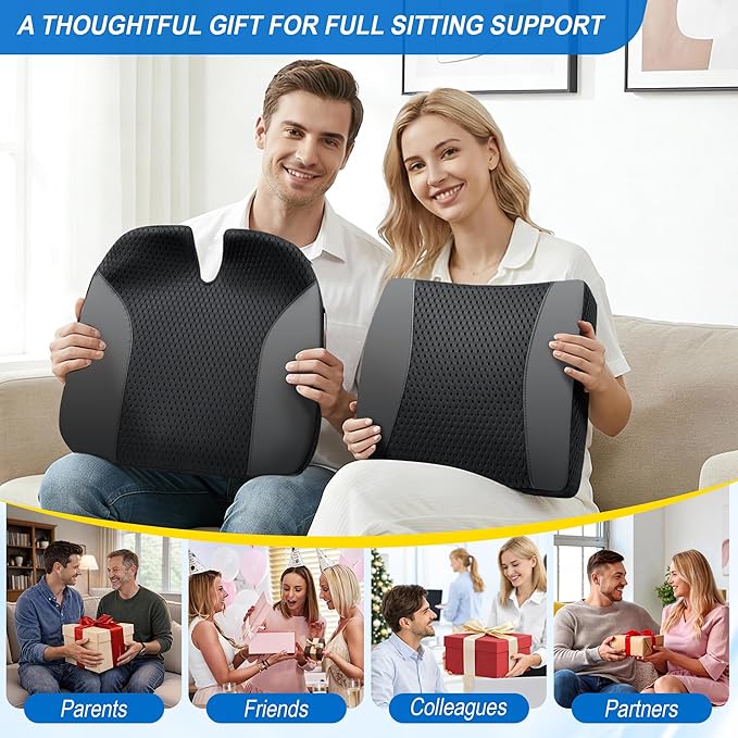 Back Cushions & Seat Cushions: Memory Foam Car Seat Cushion with Lumbar Support Pillow for Long Driving, Office Chair Pillow for Butt and Back Pain Relief, Great for Car, Office, Desk Chair - Black