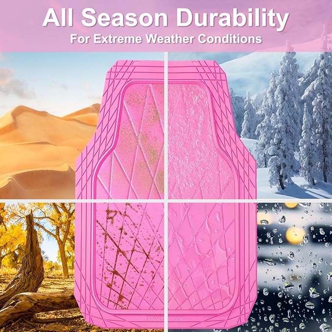 CAR PASS Heavy Duty Rubber Car Floor Mats, Deep Dish All Weather Car Mats Full Set, 3 Piece Waterproof Premium Anti-Slip Floor Mats Rugs Universal Trim to Fit for 95% Sedan SUV Van Truck, Pink