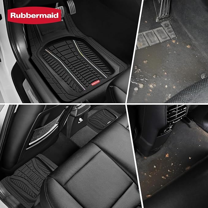 Rubbermaid Car Floor Mats Full Set – Premium All-Weather Car Mat with Brushed Aluminum Inserts, Universal Trim-to-Fit Design, Anti-Slip Backing for Cars, SUVs, Trucks, and Vans