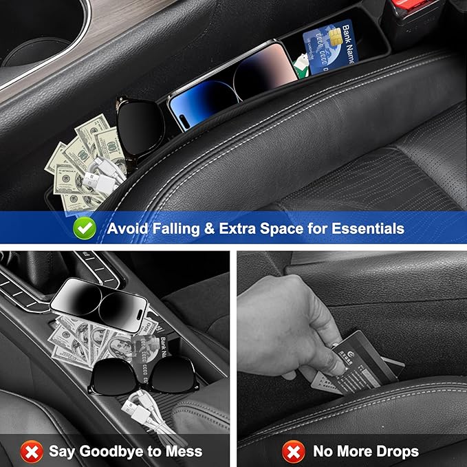 Car Seat Gap Filler, 2 Pack Car Seat Gap Organizer, Car Seat Accessories Prevent Items from Falling, Auto Console Side Storage Box for Holding Phone, Glasses, Universal Fit Car SUV Truck (Black)