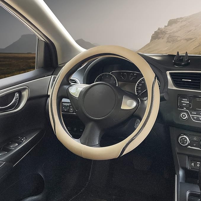 Muamos Car Steering Wheel Cover Beige, 14.5-15 inch Steering Wheel Covers with Coasters Microfiber Leather Carbon Fiber Breathable Anti-Slip Durable Universal Auto Steering Wheel Protective