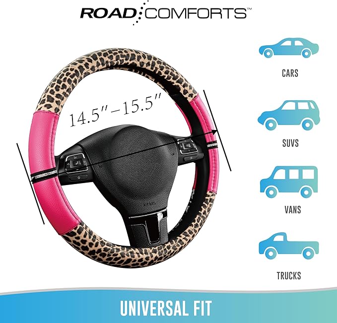 Road Comforts Leopard Steering Wheel Cover - Made with PVC Leather Cheetah Print - Anti-Slip, Universal Fit 14 1/2 inches to 15 inches - Hot Pink