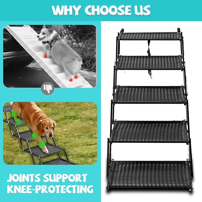 Zendova Extra Wide Dog Stairs for Car - Foldable 5-Step Non-Slip Pet Stairs for Home, Lightweight Dog Steps for Senior & Large Dogs to SUV, Truck, Bed - Supports 250 lbs