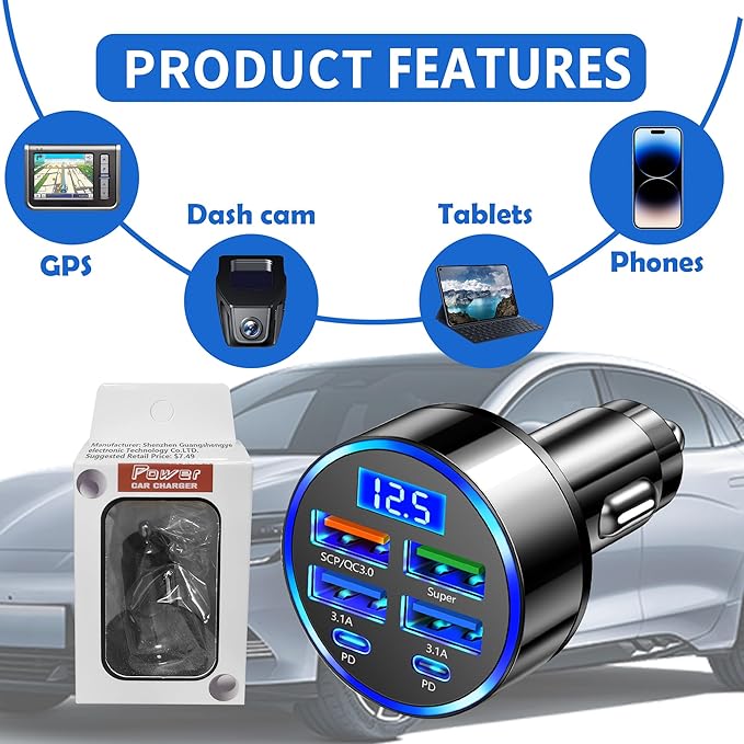 6 Port Fast USB Car Charger (PD+QC3.0),Cigarette Lighter USB Charger with LED Digital Display,Universal Car Charger Adapter Car Accessories Interior for Most 12V/24V Vehicles