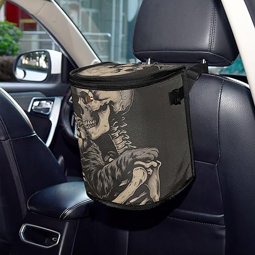 MNSRUU Car Trash Can with Lid, Cat Snuggled Human Skeletal Skull Car Trash Bag Hanging Organizers and Storage for Front Back Seat, Leak-Proof Trash Bin