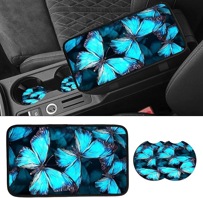 JANENFNA Car Armrest Cover Pads Universal Fashion Cute Auto Center Console Armrest Cover Pad with 2PCS Car Coasters Soft Waterproof Car Armrest Seat Protector for Women,Blue Butterflies