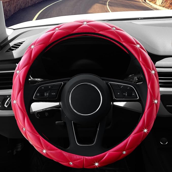 YOGURTCK Cute Diamond Soft Leather Anti-Slip Steering Wheel Cover with Bling Bling Crystal Rhinestones, Universal 15 Inch for Women Girls, Fit Vehicles, Sedans, SUVs, Vans, Trucks - Red