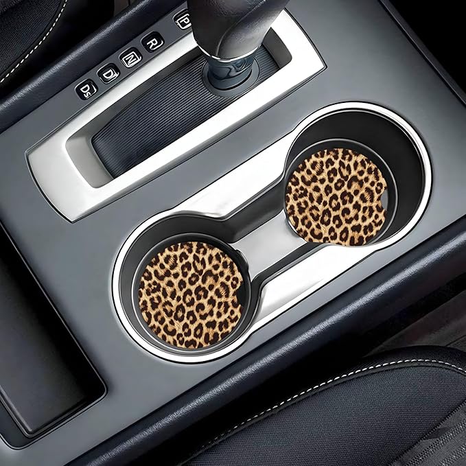 HUWAAI Leopard Print Car Cup Holder Coasters 2 Pack Universal 2.63 Inch Anti Slip Ceramic Absorbent Coaster with Cork Base and Finger Notch Cute Car Accessories Interior for Women