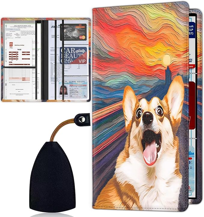 Car Registration and Insurance Card Holder for Women Men, Waterproof PU Leather Glove Box Car Organizer with Magnetic Shut, Vehicle Document Holder for Driver License,Cards, Corgi Dog Oil Painting