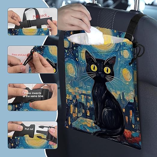 Watercolor Starry Night Car Garbage Bag,Black Cat Small Car Trash Bag Hanging,Drawstring Car Garbage Bag with Adjustable Buckle for Car Back Seat,SUVs,Camping,Road Trips