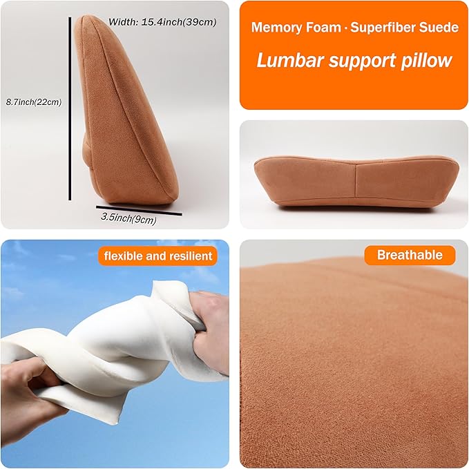 POKSRI Lumbar Support Pillow,Back Pain Relief Cushion,fits tightly around the waist,Memory Foam,Skin-friendly Suede Fabric,fit Car Drive,Office chair,Rest seat,Improve Posture,Portable,15.5''Lx 8.7''H