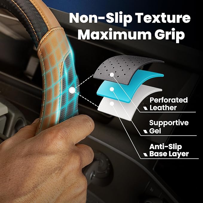 Vyonix 18 Inch Semi Truck Steering Wheel Cover – Premium Leather Grip for Big Rigs & Long-Haul Drivers – Anti-Slip, Breathable Comfort – Durable semi Truck Accessories for Drivers – Brown