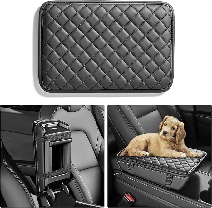HighnessHwoo Car Armrest Covers, Vehicle Center Console Cover, Middle Storage Organizer Pad, Dog & Cat Paws Protetor, Nappa Leather, Waterproof, Anti-slip, Auto Interior Accessories, Black, Large Size