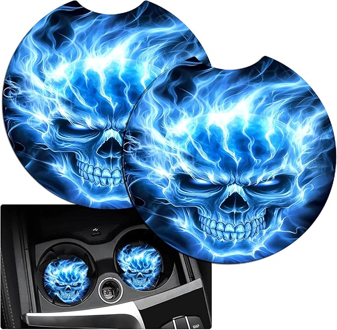 JANENFNA Car Armrest Cover Pads Universal Fashion Cute Auto Center Console Armrest Cover Pad with 2PCS Car Coasters Soft Waterproof Car Armrest Seat Protector for Women,Blue Flame Skull ABC