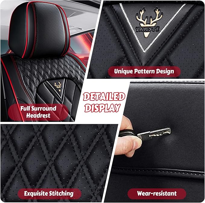 LPDK Fit for Kia Sportage Car Seat Covers Front Set 2pcs with Waterproof Leather,Lumbar Muscle Pain Healing Function,Airbag Compatible Automotive Breathable Seat Protectors(Black Red with Pillow)
