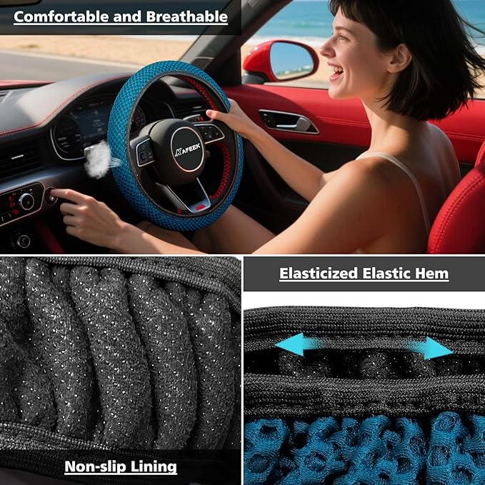KAFEEK Elastic Stretch Steering Wheel Cover, Breathable Ice Silk Microfiber, Non-Slip Grip, Warm in Winter and Cool in Summer, Odorless, Car Accessories Fit Cars, Sedans, SUVs, Sky Blue