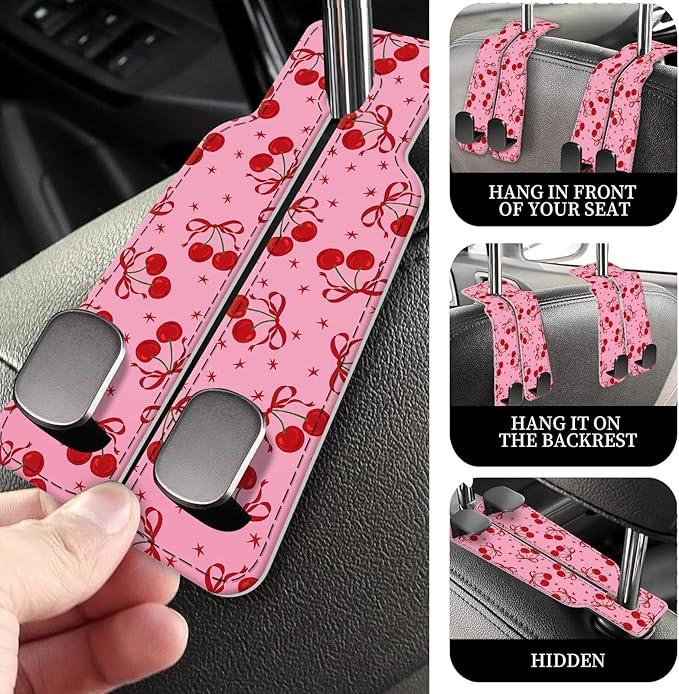 AXRQLSU PU Leather Car Seat Hook, Storage Headrest Hanger, Cute Car Backseat Organizer, Car Hooks For Purses and Bags Pink Cherry Print