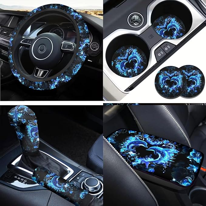 Neon Dolphin Elastic Steering Wheel Protector for Men Women 6 Pcs Car Interior Decor Cup Coaster Handbrake Cover Fit Auto, Suvs, Truck