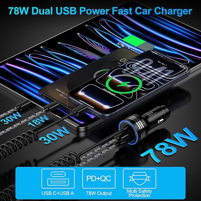 78W 3-Port Samsung Car Charger USB C Fast Charge for Samsung Galaxy S26 Ultra S26 Plus S25 FE S25 Edge S24 A17 A56 A36 A26 A16 A55 A35 A25 A15,Rapid Car Charger Adapter+Coild Type C Fast Charging Cord