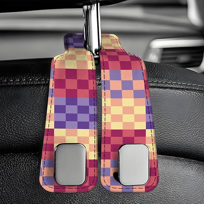 AXBSAKDI Car Seat Back Storage Headrest Hook, Premium Leather Double Metal Hook, Hanger Storage Organizer for Purse Cloth Bag, Car Interior Accessories Cute Colorful Plaid