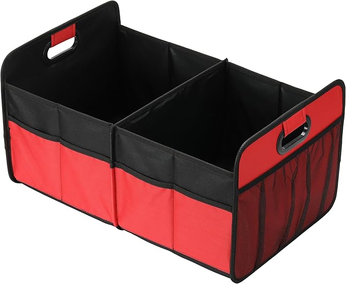 Simple Deluxe Trunk Organizer for Car/SUV/Truck, Collapsible 2 Compartment Automotive Storage Box, 600D Waterproof Oxford Polyester 50L Travel Accessories, Anti-slip & Leak-proof, Red New