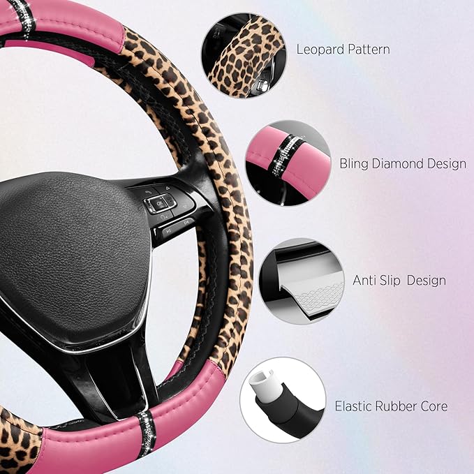 Road Comforts Leopard Steering Wheel Cover - Made with PVC Leather Cheetah Print, D-Shaped Automotive Steering Wheels - Anti-Slip, Universal Fit 14 1/2 inches to 15 inches - Pink