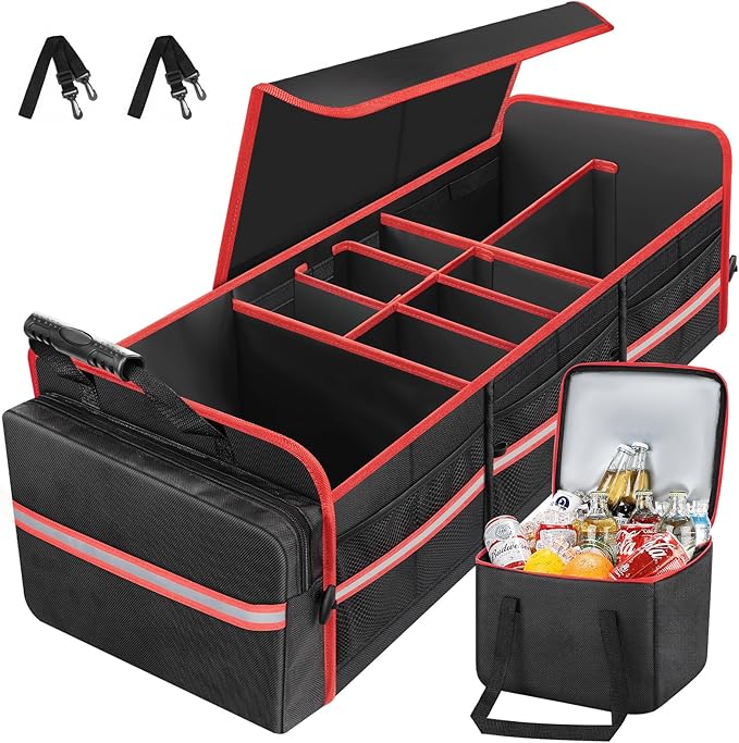 SKYJDM 95L Car Trunk Organizer with Removable Cooler Bag, Collapsible Trunk Storage Organizer with Removable Lid - Multi Compartment Waterproof Storage Organization, Fits Most Car, Truck, Red