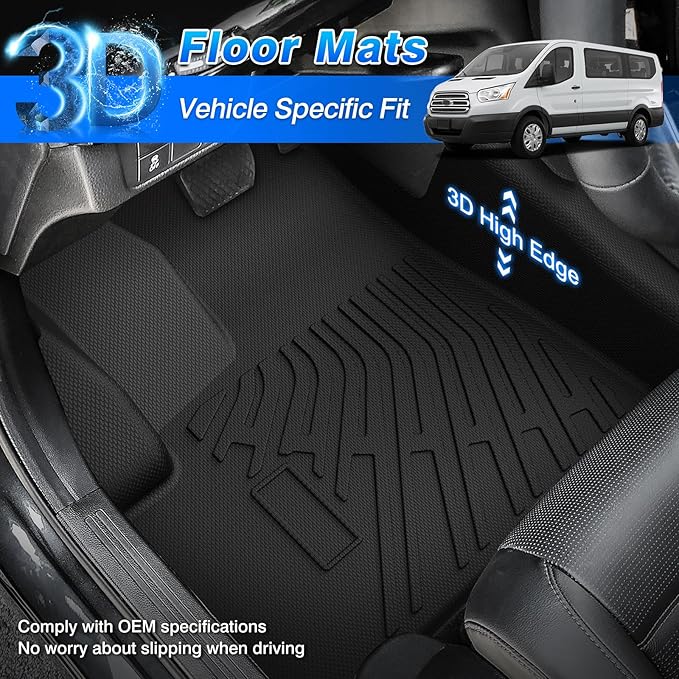 Transit Floor Mats - Car Mats for Ford Transit 150/250/350/350HD 2015-2021, All Weather Floor Mat for Transit Accessories, Heavy Duty Rubber Mats, Car Accessories