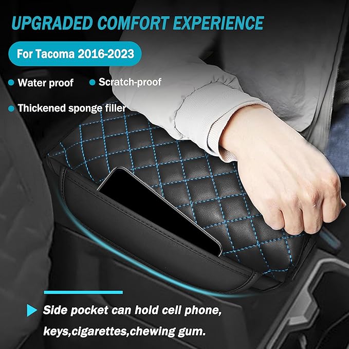 1.2in Thickness Center Console Cover for Tacoma Accessories 2024 2025 2026 Armrest Cover Leather Armrest Box Lid Protector Cushion Pad with Pockets Interior (Blue Stitch)