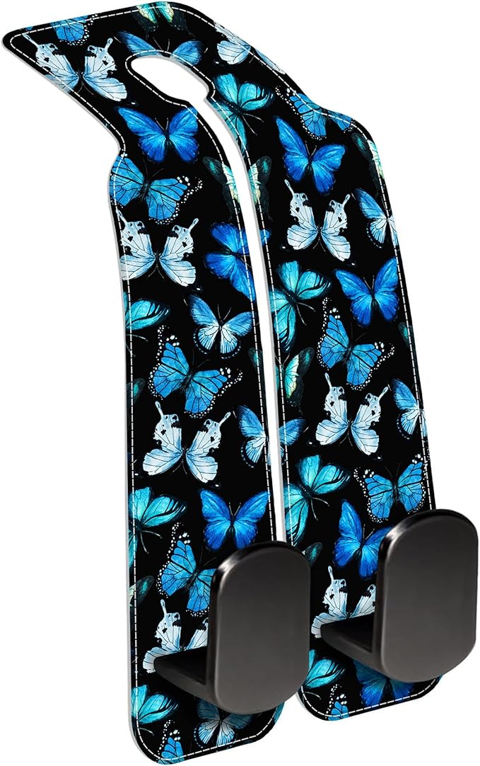 Purse Hook for Car Watercolor Blue Butterflies 1 Pack Headrest Back Seat Hook Premium Leather Double Metal Hanger Storage Pack Bag Purse Holder Car Interior Accessories