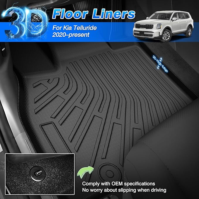 Telluride Floor Mats - Fit for Kia Telluride 2020-2025 2026 (7&8 Seats), All Weather Floor Mat & Cargo Liner w/Baclkrest for Telluride Accessories, Heavy Duty Waterproof