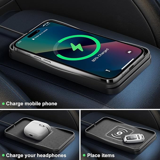 Car Wireless Charger Pad, 15W Fast Wireless Car Charger, Non-Slip Phone Charger Compatible with iPhone 16/15/14/13/12, Samsung S25–S9, Android Phones ﻿